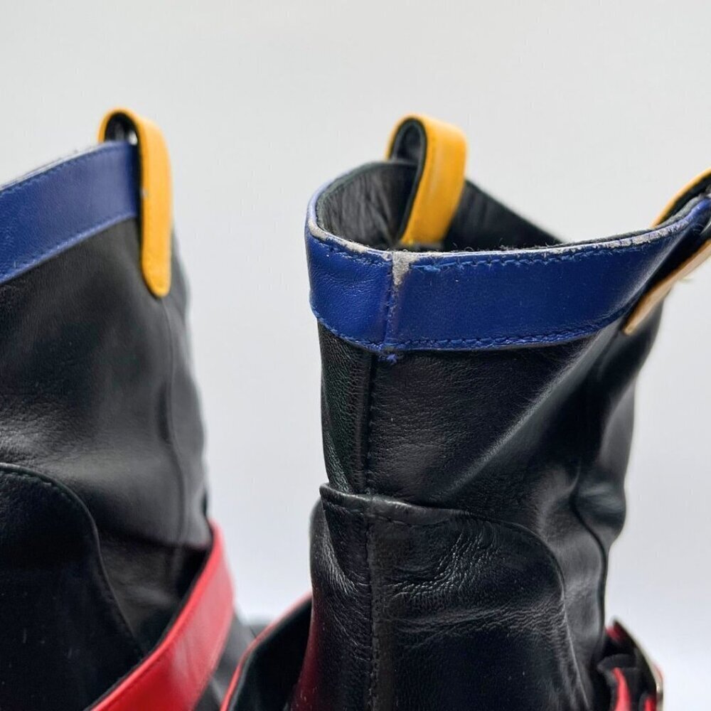 MELLOW YELLOW X JC/DC BLACK LEATHER VEAL CALFSKIN COLORFUL STRAPPY COWBOY BOOTS - Picture 12 of 13